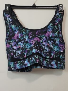 Fabletics Black Sports Bra with Purple, Teal & Aqua Floral Print